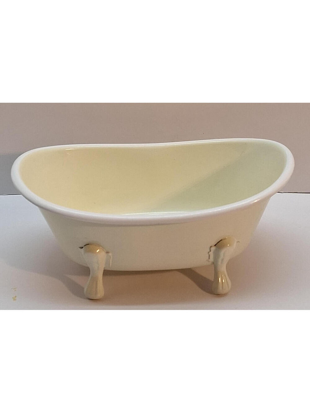 Vintage Mini Enamel Clawfoot Bathtub Soap Dish 7” Farmhouse White/Cream